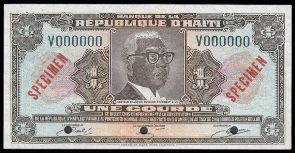Haiti 1 gourde SPECIMEN L.1979 (issued 1980-82) series V000000, portrait of Pres...