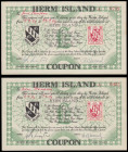 Herm Island One Pounds (2) signed and dated 31.5.57 to 7.6.57 with sixpence stamp serial number 0425 AU, and signed and dated 15.9.57 to 24.9.57 seria...
