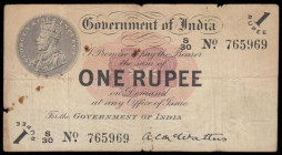 India 1 rupee 1917 series S/30 765969 signed McWatters, scarcer watermark variety, Pick1c, edge nicks, pinholes & rust spots, about Fine

Estimate: ...