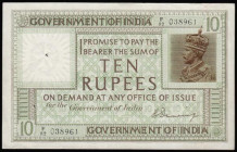 India 10 Rupees King George V 1923 issue, serial number F/82 038961, Denning signature, Pick 5b, staple hole through the watermark otherwise EF rare a...