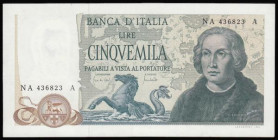 Italy 5000 Lire 1971 issue Columbus at right, mythical seahorse at centre, Pick 102a, NA 436823 a small spot at the lower right corner, otherwise UNC...