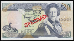 Jersey Twenty Pounds undated (issued in year 2000) Specimen, Portrait of Elizabeth II at right, LC 000000, signature Ian Black, watermark Jersey Cow, ...