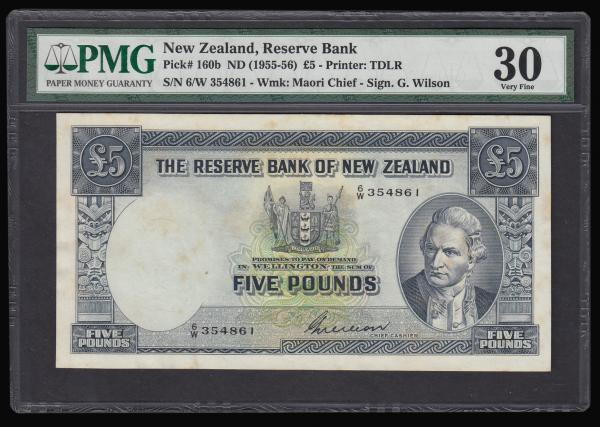 New Zealand Five Pounds undated 1955-56 issue. Pick 160b Signature Wilson PMG VF...