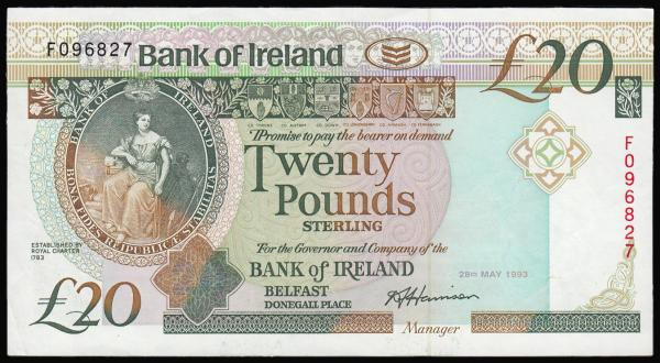 Northern Ireland - Bank of Ireland Twenty Pounds 28.5.1993 signature Harrison, F...