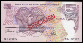 Papua New Guinea 5 kina SPECIMEN issued 1992 series HBJ 000000, violet and purple on multicolor underprint. Stylized Bird of Paradise at left centre. ...