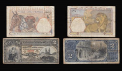 World an early group from circulation Brazil 2 Mil Reis Estampa 8a Series 126a (1890) Pick 10b VG, French West Africa 25 Francs 9.1.1942 Fine with pin...