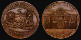 Halfpenny 19th Century Somerset - Bath City Token undated, Private Baths, Stall Street, Obverse: Front view of the building, Reverse: Arms and support...