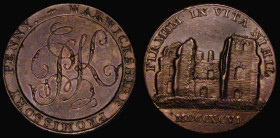 Penny 19th Century Warwickshire - Warwick 1796 County - Obverse: View of Cesar's Tower, Kenilworth, Reverse: a cypher PK, Edge: I PROMISE TO PAY ON DE...