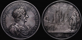 Charles II Naval Victory against Holland 1665, 62mm diameter in silver by J.Roettier, Obverse: Bust of the King, draped, right, CAROLVS . SECVNDVS . D...
