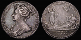 Coronation of Queen Anne 1702 Obverse Bust left draped ANNA. D:G: MAG:BR:FRA: ET. HIB: REGINA. Reverse Pallas standing left hurling thunder at a two-h...