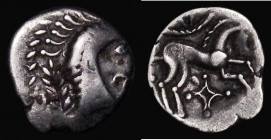 Celtic - Iceni Silver Unit C.10-43AD Obverse: Head right, wreath behind, Reverse: Horse, right with triangular shape within pelleted arc above, lozeng...