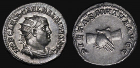 Roman Ar Antoninianus Balbinus Obverse: Bust right, radiate, draped and cuirassed, IMP CAES D CAEL BALBINVS AVG, Reverse: clasped hands PIETAS MVTVA A...