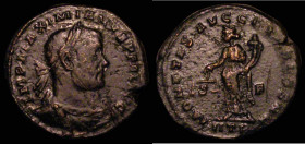 Roman. Maximianus Herculius Ae Follis, Trier. (302-303AD) Obverse: Laureate and cuirassed bust right IMP MAXIMIANVS PF AVG, Reverse: Moneta standing l...