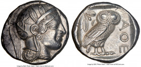 ATTICA. Athens. Ca. 440-404 BC. AR tetradrachm (25mm, 17.17 gm, 1h) NGC Choice AU 5/5 - 4/5. Mid-mass coinage issue. Head of Athena right, wearing ear...
