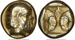 LESBOS. Mytilene. ca. 454-427 BC. EL sixth-stater or hecte (10mm, 2.51 gm, 11h). NGC Choice VF 5/5 - 5/5. Diademed head of Silenus right / Two ram hea...