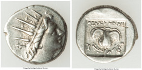 CARIAN ISLANDS. Rhodes. Ca. 88-84 BC. AR drachm (14mm, 3.20 gm, 11h). Choice VF. Plinthophoric standard, Thrasymedes, magistrate. Radiate head of Heli...