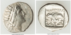 CARIAN ISLANDS. Rhodes. Ca. 88-84 BC. AR drachm (16mm, 2.83 gm, 12h). VF. Plinthophoric standard, Nicagoras, magistrate. Radiate head of Helios right ...