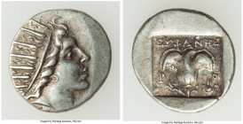 CARIAN ISLANDS. Rhodes. Ca. 88-84 BC. AR drachm (15mm, 1.87 gm, 11h). XF. Plinthophoric standard, Euphanes, magistrate. Radiate head of Helios right /...