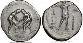 PAMPHYLIA. Aspendus. Ca. 325-250 BC. AR stater (24mm, 12h). NGC VF. Two wrestlers grappling; Π between / ΕΣΤFΕΔIΙΥ, slinger standing right, placing bu...