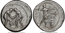 PAMPHYLIA. Aspendus. Ca. 325-250 BC. AR stater (24mm, 12h). NGC VF, flan flaws. Two wrestlers grappling; K between / ΕΣΤFΕΔΙΥ, slinger standing right,...