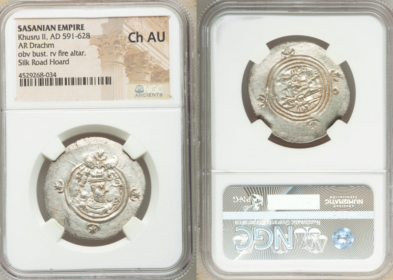 SASANIAN KINGDOM. Khusro II (AD 591-628). AR drachm (32mm, 2h). NGC Choice AU. B...