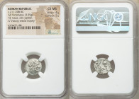 Anonymous. Ca. 211-208 BC. AR victoriatus (16mm, 3.35 gm, 11h). NGC Choice MS 4/5 - 5/5. Apulia, Q series. Laureate head of Jupiter right / Victory st...