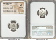 Anonymous. Ca. 211-208 BC. AR victoriatus (18mm, 3.46 gm, 7h). NGC MS, Fine Style. Luceria. Laureate head of Jupiter right, bead-and-reel border / Vic...