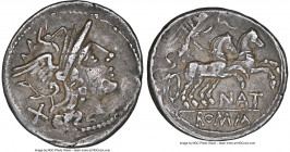 Pinarius Natta (ca. 155 BC). AR/AE fourree plated denarius (19mm, 2.79 gm, 8h). NGC Choice VF 5/5 - 3/5, marks. Contemporary counterfeit of Rome. Head...