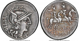 L. Sempronius Pitio (148 BC). AR denarius (20mm, 4.00 gm, 3h). NGC Choice VF 5/5 - 5/5. Rome. PITIO, helmeted head of Roma right; X (mark of value) be...