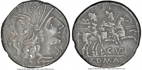 L. Cupiennius (ca. 147 BC). AR denarius (18mm, 3.75 gm, 7h). NGC XF 5/5 - 2/5, edge mark. Rome. Head of Roma right, wearing winged helmet surmounted b...