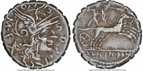L. Cosconius M.f. (ca. 118 BC) with L. Licinius Crassus and Cn. Domitius Ahenobarbus. AR serrate denarius (18mm, 3.88 gm, 3h). NGC Choice VF 4/5 - 3/5...
