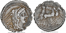 L. Procilius f. (80 BC). AR denarius serratus (19mm, 3.74 gm, 8h). NGC Choice VF 5/5 - 2/5, edge chips. Rome, special issue. Head of Juno Sospita righ...
