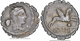 L. Papius (ca. 79 BC). AR denarius serratus (20mm, 3.74 gm, 5h). NGC VF 5/5 - 4/5. Rome. Head of Juno Sospita right, clad in goat skin, tied before ne...