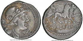 M. Volteius M.f. (78/75 BC). AR denarius (17mm, 3.84 gm, 1h). NGC VF 4/5 - 3/5. Rome. Laureate, helmeted and draped bust of Attis right; shield behind...