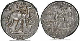 M. Aemilius Scaurus and P. Plautius Hypsaeus (ca. 58 BC). AR denarius (17mm, 3.80 gm, 4h). NGC Choice VF 4/5 - 3/5, marks. Rome. M•SCAVR / AED•CVR, kn...