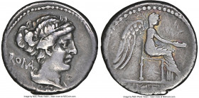 M. Porcius Cato (ca. 47-46 BC). AR denarius (17mm, 3.77 gm, 12h). NGC VF 4/5 - 2/5 scratches. M•CATO•PRO•PR (AT ligate), draped bust of Roma right, th...
