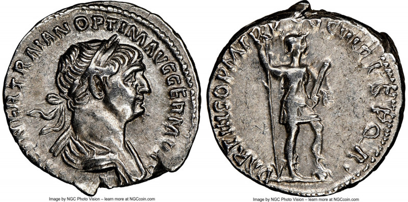 Trajan (AD 98-117). AR denarius (19mm, 6h). NGC XF. Rome, AD 114-117. IMP CAES N...