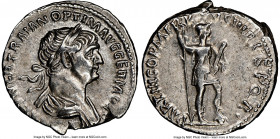 Trajan (AD 98-117). AR denarius (19mm, 6h). NGC XF. Rome, AD 114-117. IMP CAES NER TRAIAN OPTIM AVG GERM DAC, laureate, draped bust of Trajan right / ...