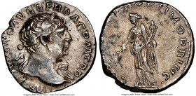 Trajan (AD 98-117). AR denarius (19mm, 7h). NGC XF. Rome, AD 103-111. IMP TRAIANO AVG GER DAC P M TR P, laureate bust of Trajan right, slight drapery ...