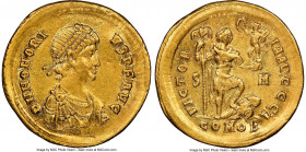 Honorius, Western Roman Empire (AD 393-423). AV solidus (20mm, 4.41 gm, 5h). NGC Choice XF 5/5 - 2/5, crimped. Sirmium, 1st officina, ca. AD 393-395. ...