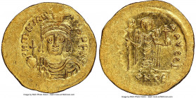 Maurice Tiberius (AD 582-602). AV solidus (22mm, 4.48 gm, 7h). NGC MS 4/5 - 5/5, flan flaw. Constantinople, 1st officina. o N mAVRC-TIb PP AVG, draped...