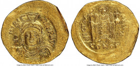 Maurice Tiberius (AD 582-602). AV solidus (22mm, 4.24 gm, 6h). NGC MS 4/5 - 2/5, wrinkled. Constantinople, 7th officina. o N mAVRC-TIb PP AVG, draped ...