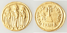 Heraclius (AD 610-641), with Heraclius Constantine and Heraclonas. AV solidus (21mm, 4.44 gm, 6h). Choice VF, graffiti. Constantinople, 6th officina, ...