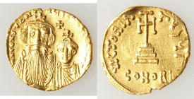 Constans II Pogonatus (AD 641-668), and Constantine IV AV solidus (20mm, 4.40 gm, 7h). XF, edge chip, edge bend, light scuffs. Constantinople, 3rd off...