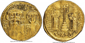 Constans II Pogonatus (AD 641-668), with Constantine IV, Heraclius and Tiberius. AV solidus (20mm, 7h). NGC AU, clipped. Constantinople, 8th officina,...