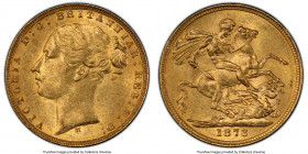 Victoria gold "St. George" Sovereign 1873-M MS63 PCGS, Melbourne mint, KM7, S-3857. A choice example of a date that sees only a single "63+" certified...