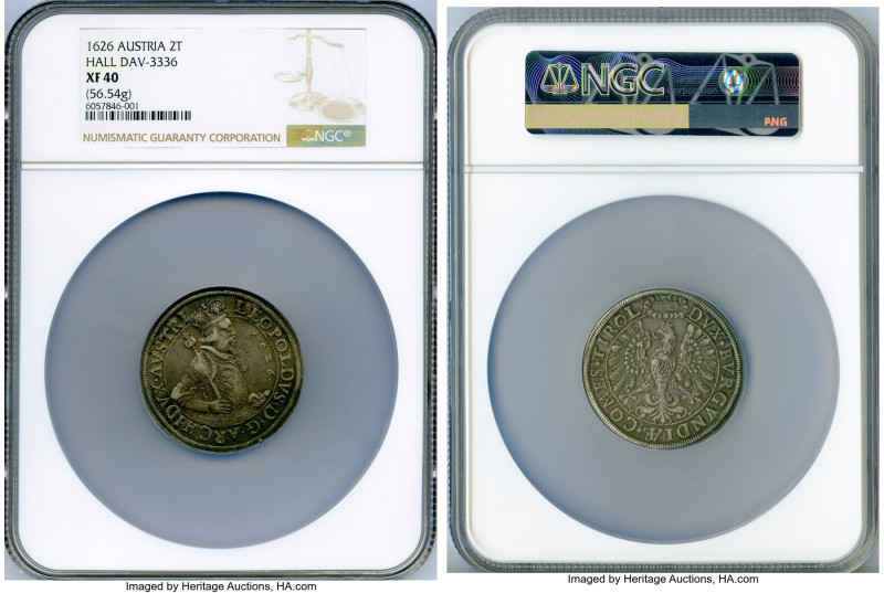 Leopold 2 Taler 1626 XF40 NGC, Hall mint, KM609.2, Dav-3336. 56.54gm. A moderate...
