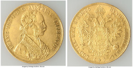Franz Joseph I gold 4 Ducat UNC (Cleaned), KM2276, Fr-1254. A less-encountered issue from this popular series, lined with a wispy appearance but fully...