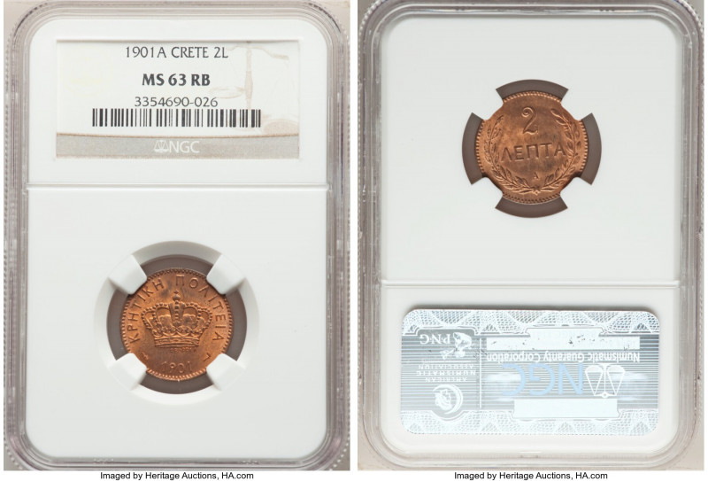 Prince George 2 Lepta 1901-A MS63 Red and Brown NGC, Paris mint, KM2. 

HID098...