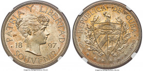 Republic Souvenir Peso 1897 MS62 NGC, Gorham mint, KM-XM2. Close date, star below '97' baseline variety. A pleasing, near-choice piece, with an enchan...